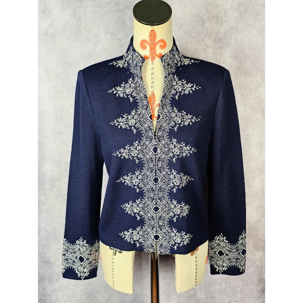 Gorgeous St. John Evening Jeweled Embroidery Zip Up Cardigan Jacket Women 8 EUC